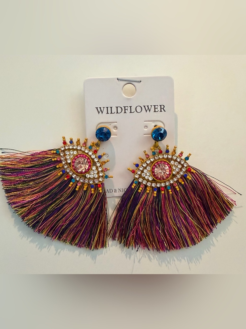Wildflowers Blue & Pink Eye Tassel Earrings with Multicolor Fringe